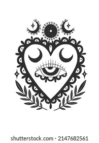 Mystic aesthetic sacred heart of jesus. Hand draw black color.Esoteric sign alchemy.