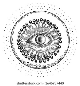 Mystic or all seeing eye drawing ink hand style. Conspiracy Illuminati theory.  Eye of Providence on the decorative background. Alchemy, religion, spirituality and occultism tattoo ink art. Vector.