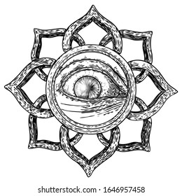 Mystic or all seeing eye drawing ink hand style. Conspiracy Illuminati theory.  Eye of Providence on the decorative background. Alchemy, religion, spirituality and occultism tattoo ink art. Vector.