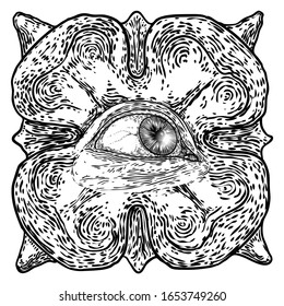 Mystic or all seeing eye drawing ink hand style. Conspiracy Illuminati theory.  Eye of Providence on the decorative background. Alchemy, religion, spirituality and occultism tattoo ink art. Vector.
