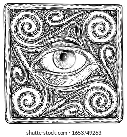 Mystic or all seeing eye drawing ink hand style. Conspiracy Illuminati theory.  Eye of Providence on the decorative background. Alchemy, religion, spirituality and occultism tattoo ink art. Vector.