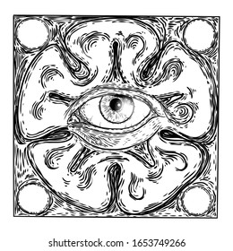 Mystic or all seeing eye drawing ink hand style. Conspiracy Illuminati theory.  Eye of Providence on the decorative background. Alchemy, religion, spirituality and occultism tattoo ink art. Vector.