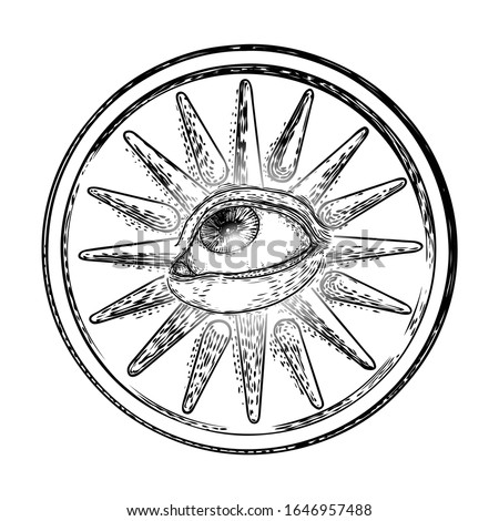 Mystic or all seeing eye drawing ink hand style. Conspiracy Illuminati theory.  Eye of Providence on the decorative background. Alchemy, religion, spirituality and occultism tattoo ink art. Vector.