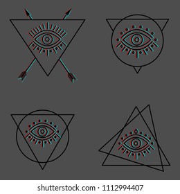 mystic all seeing eyes in different line shapes with stylized glitch 3D effect on grey background