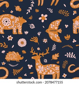 Mystic animals seamless pattern. Magic fauna characters, cute boho style forest fauna silhouettes with flowers and leaves ornaments. Decor textile, wrapping paper