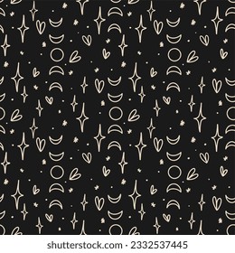 Mystic art, esoteric seamless pattern, radiance, crescent moon. Boho style. Print for t-shirts and bags, decor element for tattoos.