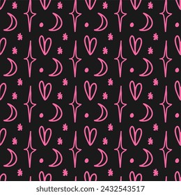 Mystic art, esoteric seamless pattern, radiance, crescent moon, heart. Boho style. Print for t-shirts and bags, decor element for tattoos.