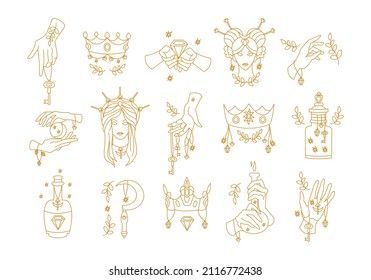 Mystic astrology. Hand drawn magic tarot signs, esoteric cult fairy design. Vector abstract zodiac symbols set