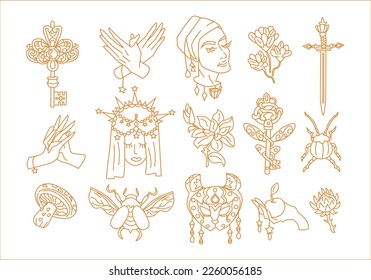 Mystic astrology icons. Hand drawn magic tarot signs, esoteric cult fairy design. Vector abstract symbols set