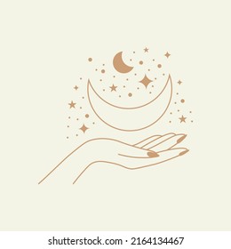 Mystic Astrology Logotype. Hand Drawn Magic Vintage Signs, Esoteric Cult Fairy Simple Design. Line Moon And Stars On Female Hand, Emblem Or Logo. Vector Abstract Zodiac Beauty Symbol