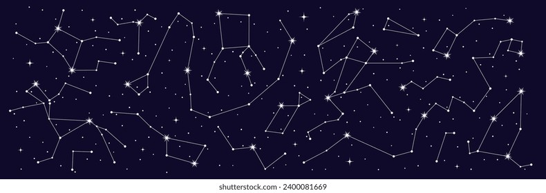 Mystic astrology, stars constellation border of night sky map, vector starry background. Star zodiac signs in space galaxy for astrological horoscope, esoteric astrology and planetary astronomy