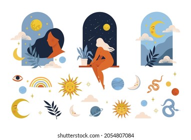 Mystic astrology and woman. Hand drawn magic vintage signs, esoteric cult fairy design. Vector abstract cosmic symbols set