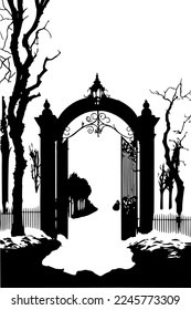 Mystic atmosphere illustration of gates in black and white color