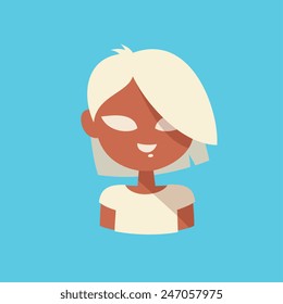 mystic avatar character with white color eyes in white color dress, with a short white color hairstyle, isolated on a blue background, simplicity cartoon flat style, vector illustration icon.