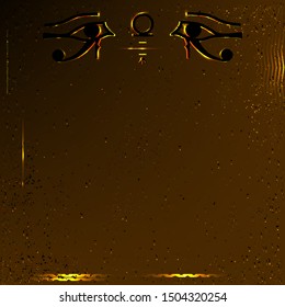 Mystic background with Ancient Egypt simbol eyes of Horus. Vector line  illustration with ornament and hieroglyphs. Magic yellow background with grunge texture with neon lights