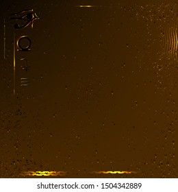 Mystic background with Ancient Egypt simbols eye of Horus and ring. Vector line  illustration with ornament and hieroglyphs. Magic yellow background with grunge texture with neon lights