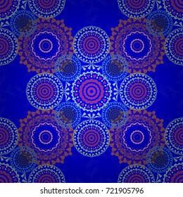 Mystic background in purple, neutral and blue colors. Vector textile print for bed linen, jacket, package design, fabric and fashion concepts. Seamless pattern with mandalas.