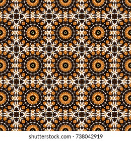 Mystic background in white, orange and black colors. Vector textile print for bed linen, jacket, package design, fabric and fashion concepts. Seamless pattern with mandalas.