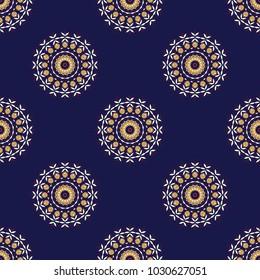 Mystic background in white, yellow and blue colors. Vector textile print for bed linen, jacket, package design, fabric and fashion concepts. Seamless pattern with mandalas.