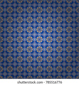 Mystic background in yellow, blue and violet colors. Vector textile print for bed linen, jacket, package design, fabric and fashion concepts. Seamless pattern with mandalas.