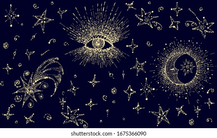 Mystic backround for fairytale. Vintage style seamles pattern  illustration. Old style element in trendy graphic drawing