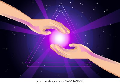 Mystic. the birth of the universe in the hands. The discovery of the subconscious, esotericism, the study of occultism, the knowledge of enlightenment and nirvana. vector abstract illustration