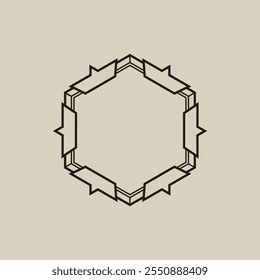 Hexágono místico preto com formas abstratas e símbolos inspirados pela antiga alquimia e espiritualidade.