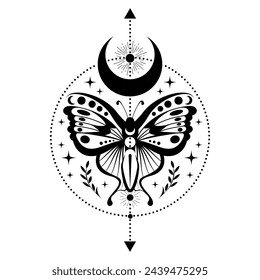 Mystic black moth, magic butterfly and crescent moon, sacred symbols for witchcraft, occult, esotericism, print, poster, tattoo. Vector pagan magical seal isolated on white background