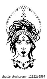 Mystic black and white illustration with a beautiful girl from outer space.Occult drawing of a powerful nymph.