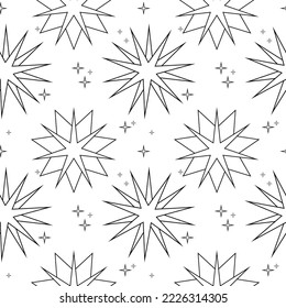 Mystic black and white stars background, seamless endless psttern with sparks and stars, moder witch design element, astrology backdrop, for textile, for fabric, for prints, for wrapping paper