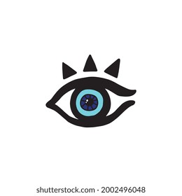Mystic blue eye drawing isolated on white background, hand drawn doodle of human eye with triangle shapes, vector illustration of mystical esoteric symbol.