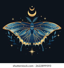 Mystic blue moth vector illustration. Magic moon, occult, print, poster.