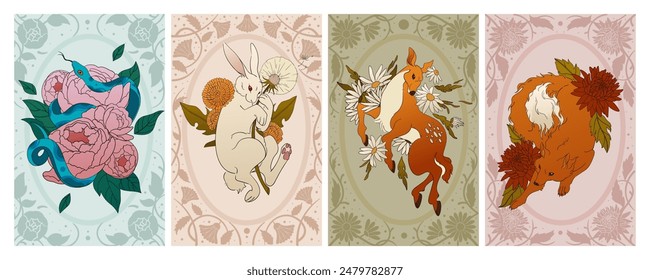 Mystic Boho cards. Animals and flowers. Vintage bohemian astrology floral mammals. Magic deer. Occult tattoo. Mystery alchemy. Snake on peony. Hare totem. Wild witch fox. Vector esoteric posters set