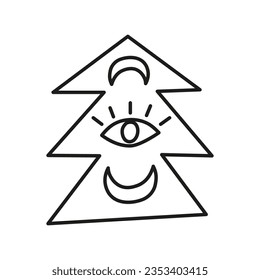 Mystic boho Christmas tree with moon phases and evil eye isolated on white background. Celestial magical symbol.