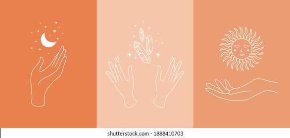 Mystic Boho Doodle Set. Magic Simple Line Logo Icons With Hands, Crystals, Moon, Sun, Stars. Bohemian Posters, Modern Vector Illustration