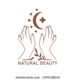 Mystic boho elegant female hands with moon, star, plant in line art. Vector magic symbol isolated on white background. Trendy minimalist signs for design of cosmetics, jewelry, beauty