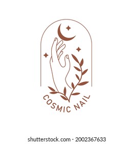 Mystic boho elegant female hands with moon, star, plant in line art. Vector magic symbol isolated on white background. Trendy minimalist signs for design of cosmetics, jewelry, beauty