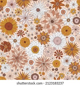 Místico Boho otoño florals vectores sin fisuras. Flores de otoño de fondo de jardín. Groovy Halloween flor power print.