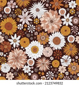 Mystic Boho fall florals vector seamless pattern. Autumn flowers garden background. Groovy Halloween flower power print.
