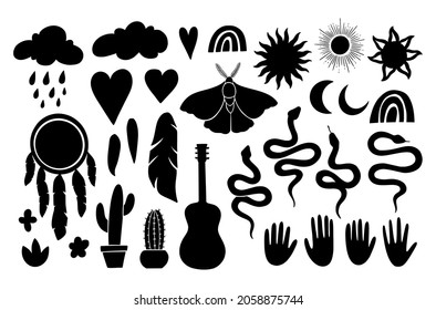 Mystic boho gothic symbols set. Bohemian symbol in linocut graphic style. Collection silhouettes sun, moon, dreamcather, moth, snake, feather, hands. Vector illustration isolated on white background.