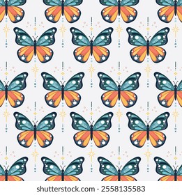 Mystic Boho insect and butterfly seamless pattern illustration featuring magical moth elements. Esoteric retro butterflies on a neutral colored background