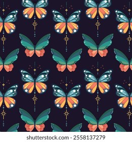 Mystic Boho insect and butterfly seamless pattern illustration featuring magical moth elements. Esoteric retro butterflies on a neutral colored background