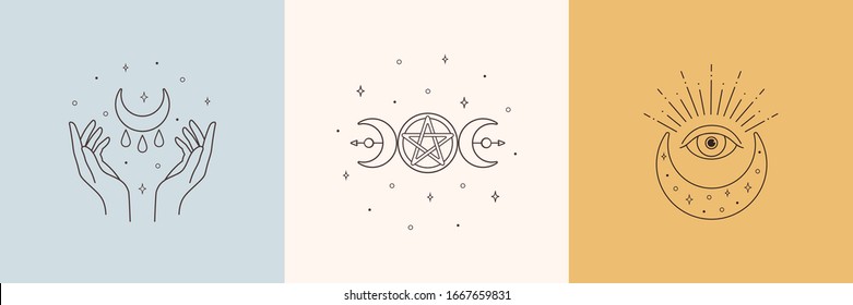 Mystic boho logo, design elements with moon, hands, star, eye. Vector magic symbols isolated on white background