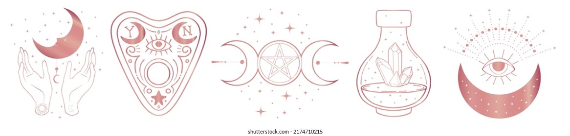 Mystic Boho Logo, Design Elemente mit Mond, Hände, Stern, Auge, Kristallflasche, die Zukunft der Kugel. Vektormagische Symbole einzeln auf weißem Hintergrund