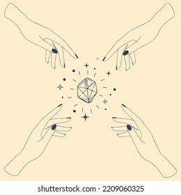 Mystic boho logo, design elements with moon, hands, star, eye. Vector magic symbols isolated on white background