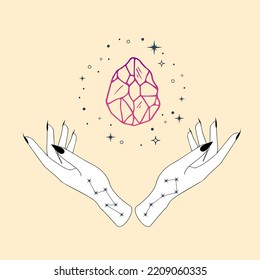 Mystic boho logo, design elements with moon, hands, star, eye. Vector magic symbols isolated on white background