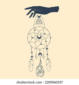 Mystic boho logo, design elements with moon, hands, star, eye. Vector magic symbols isolated on white background