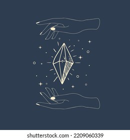 Mystic boho logo, design elements with moon, hands, star, eye. Vector magic symbols isolated on white background