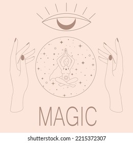 Mystic boho logo, design elements with moon, hands, star, eye. Vector magic symbols isolated on white background