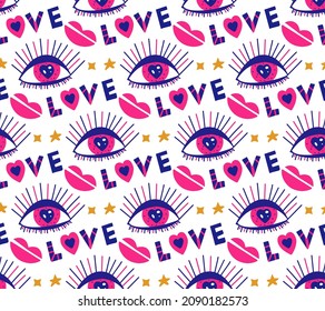 Mystic boho love modern abstract seamless pattern heart trend style. Valentine's day, romance endless texture, background, wallpaper, textile. Vector illustration